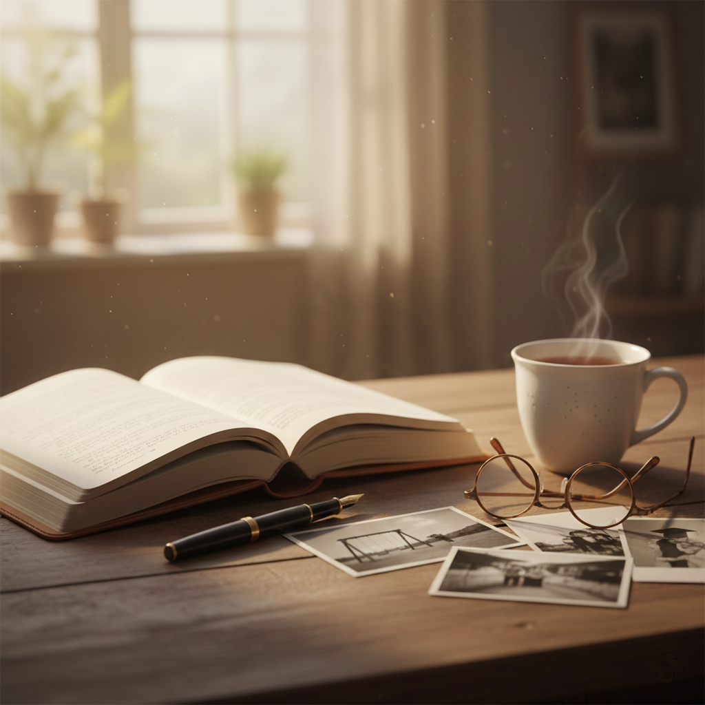 An open book and old photographs on a sunlit table