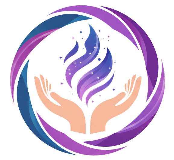 Soul Reading emblem: a violet flame above open hands